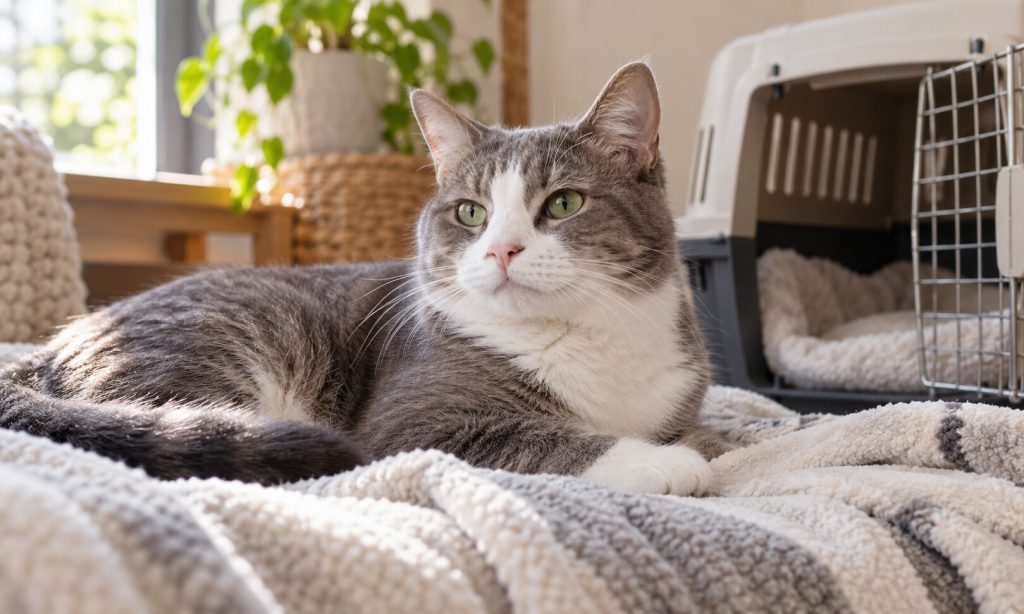 Relaxed cat in a quiet home environment