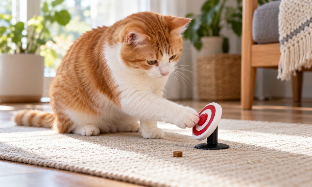 Cat touching a target during treat-based training