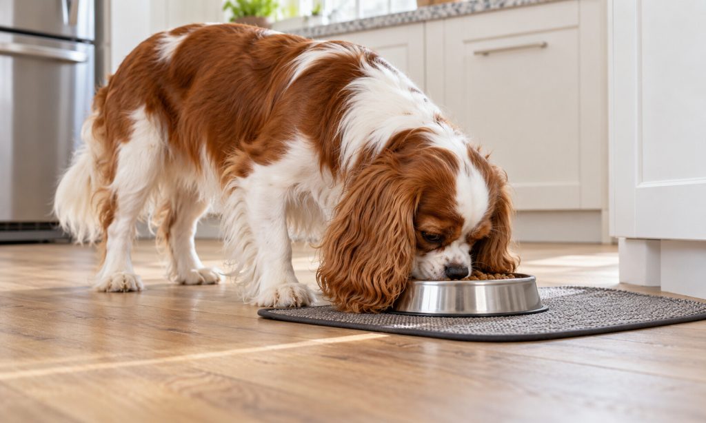 Cavalier King Charles Spaniel eating from a low stainless-steel bowl