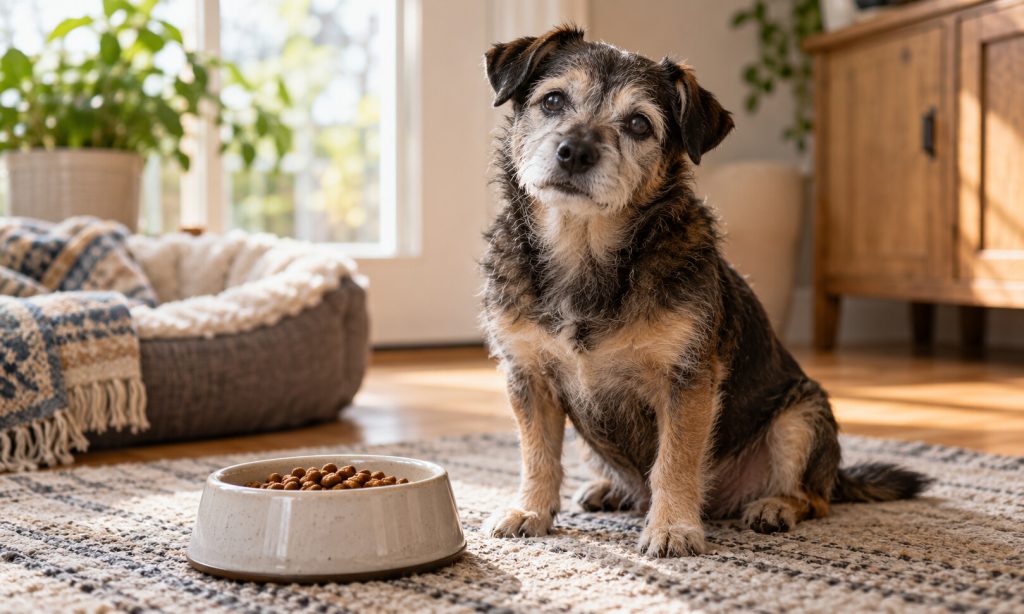 Senior dog beside a measured bowl of food