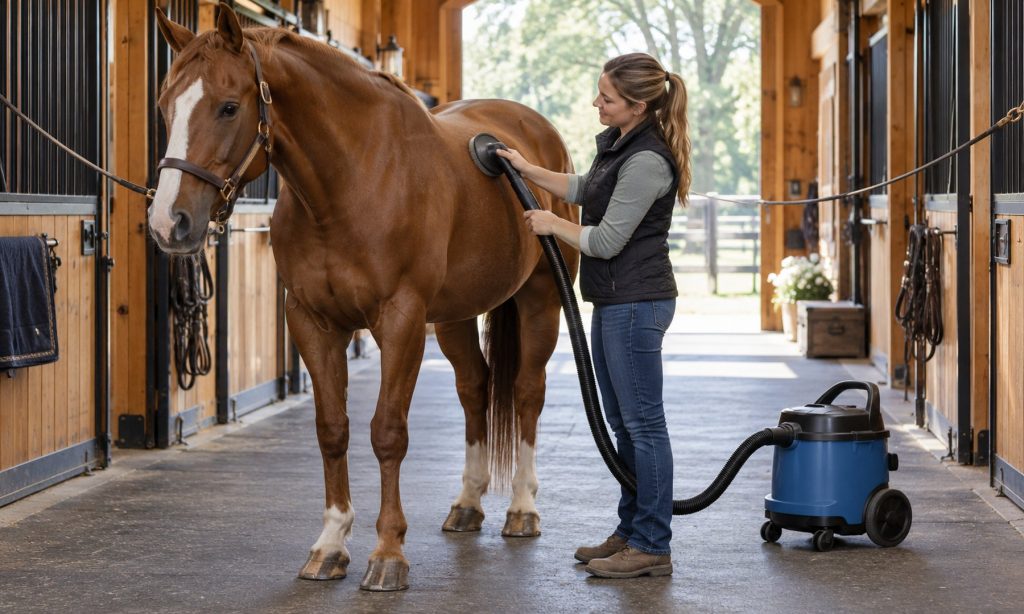 A calm chestnut horse is brushed with a portable grooming vacuum in a barn aisle
