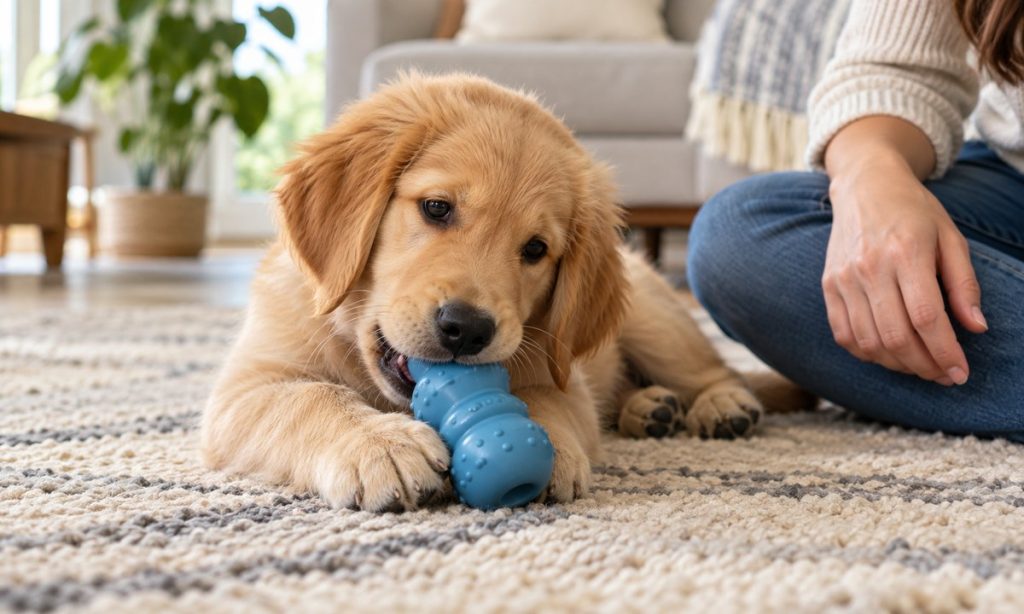 A young puppy chews a plain toy while an owner supervises