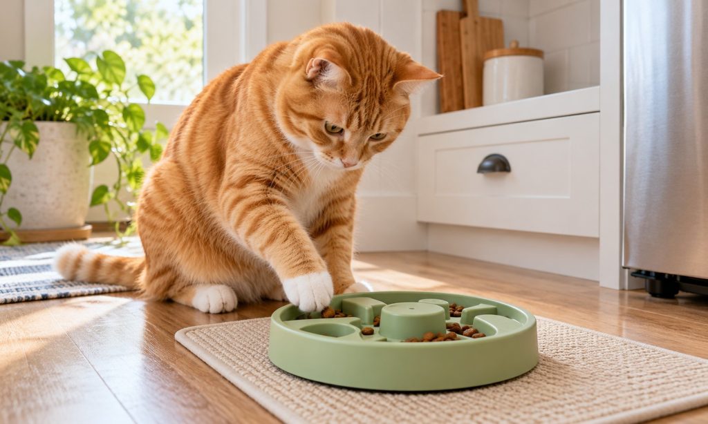 Orange tabby cat moving kibble from an easy puzzle feeder on a nonslip mat