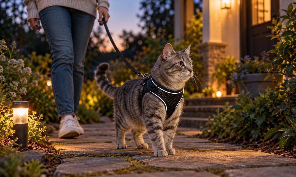 Gray tabby wearing a reflective harness on a calm garden path at dusk