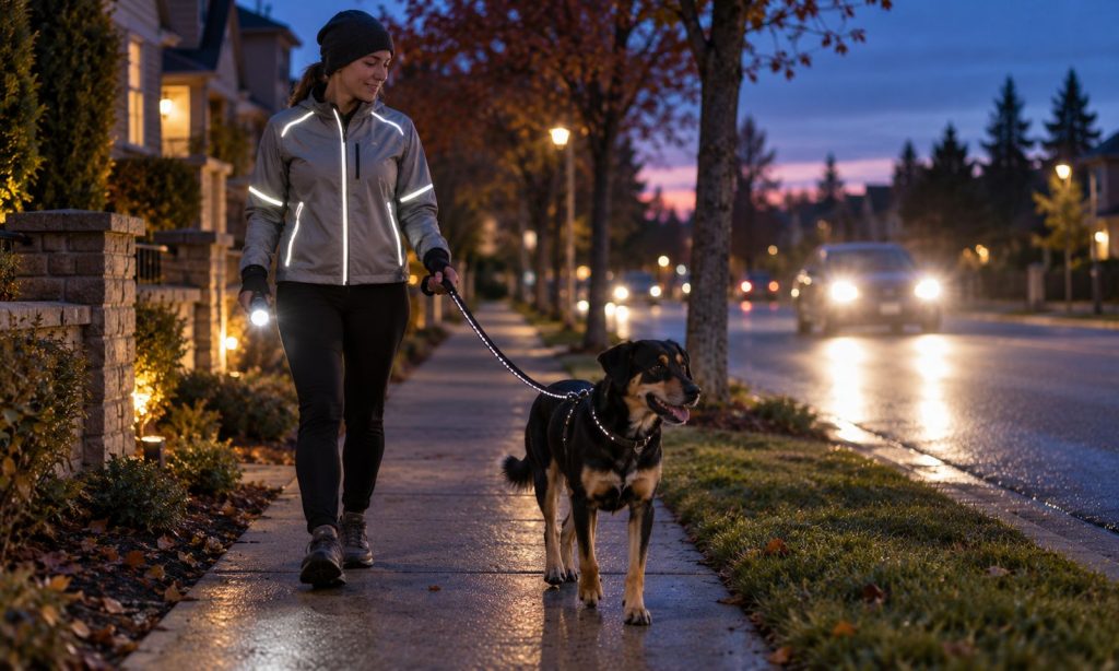 Dog wearing reflective leash on a neighborhood sidewalk at dusk with handler carrying a flashlight