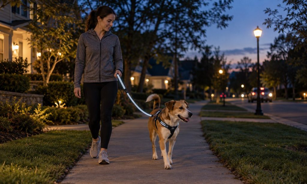 Dog on an evening sidewalk with a reflective leash