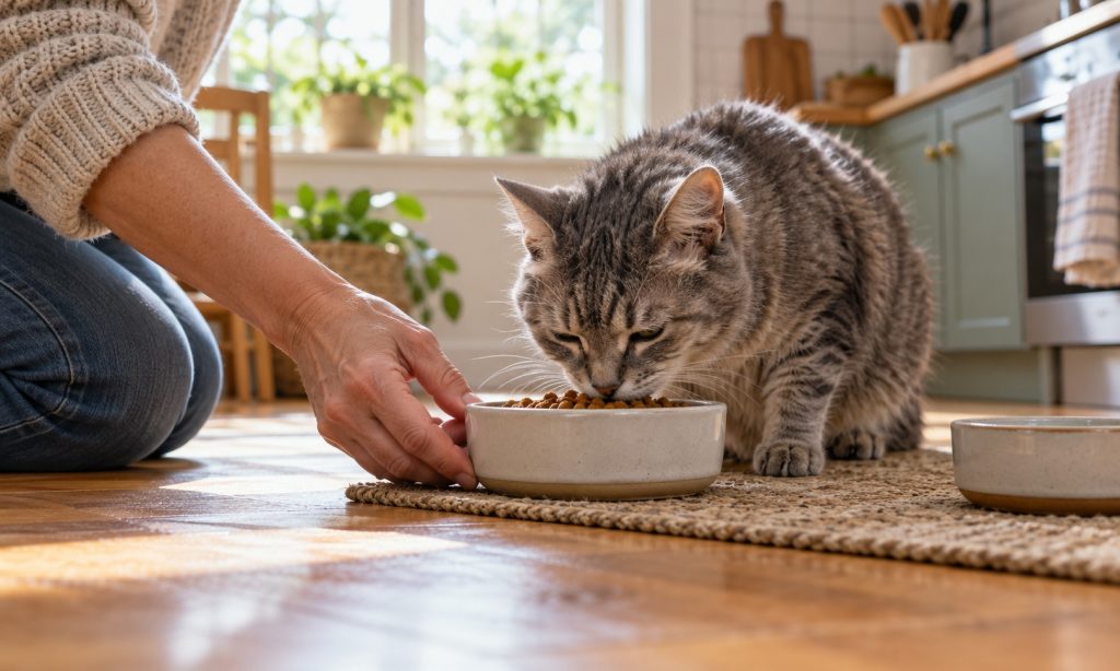 Senior tabby cat eating a measured portion in a calm home kitchen