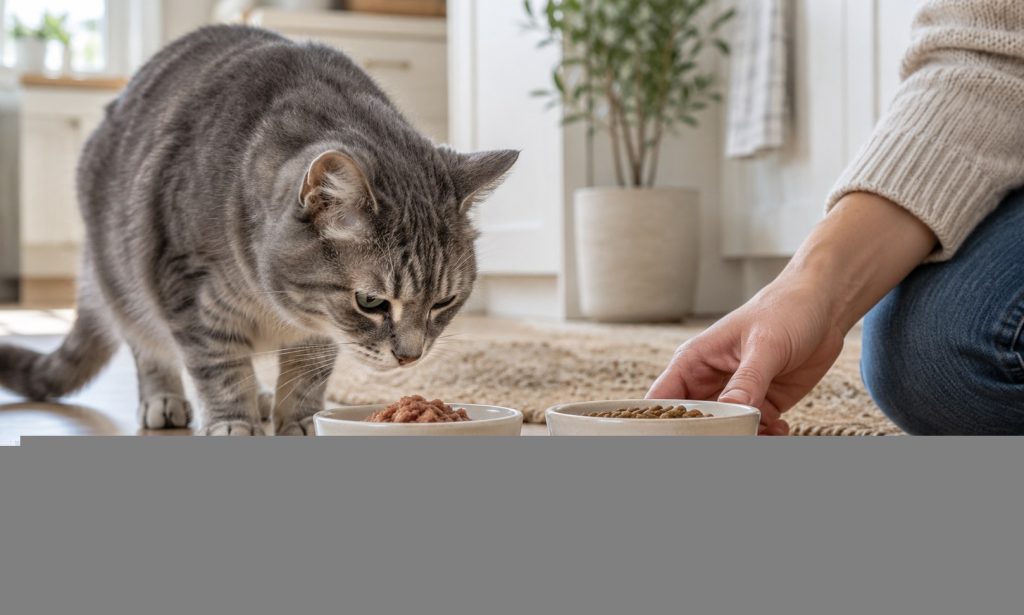 Senior cat sniffing two food bowls during a gradual diet transition