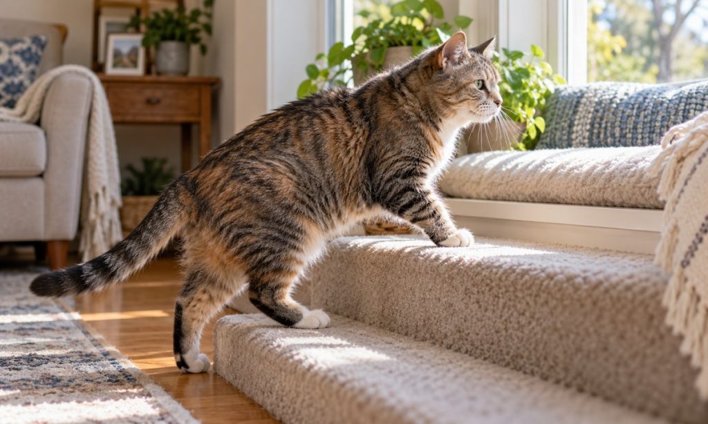 An older cat walks up a low step toward a sunny perch