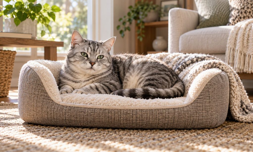 Senior silver tabby resting on a low-entry supportive bed in a sunny living room