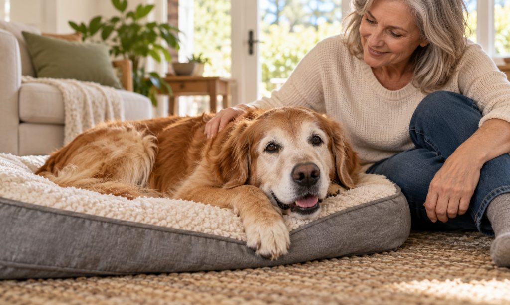 Gray-muzzled senior golden retriever resting on a bed at home