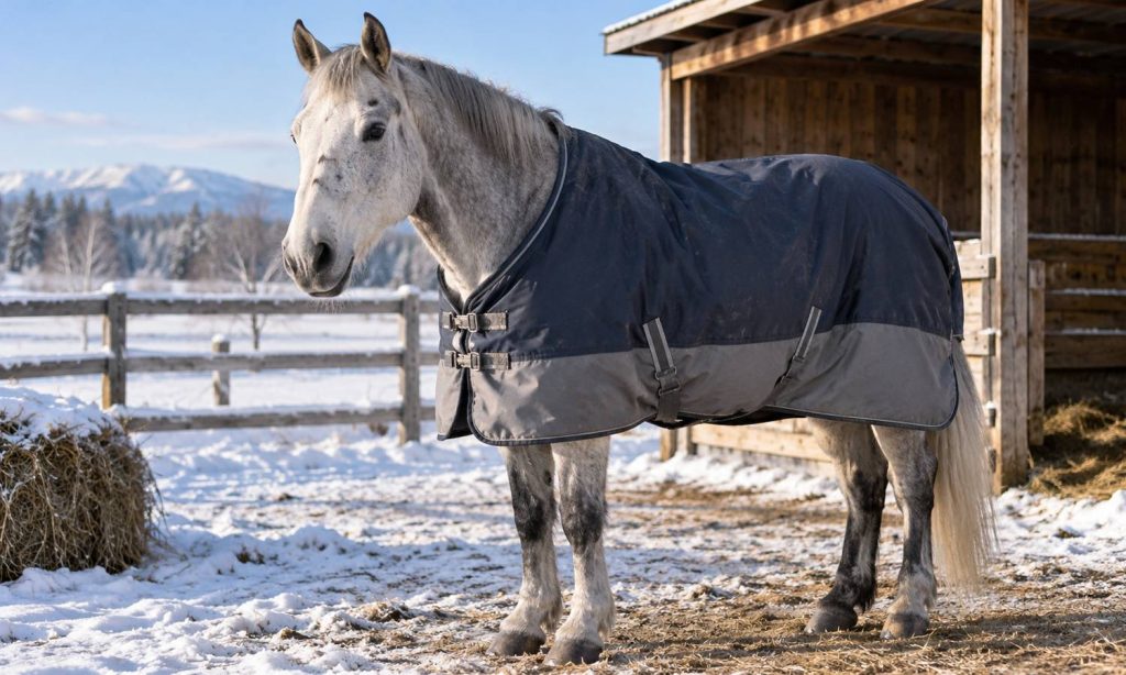 Older gray horse wearing a well-fitted winter turnout blanket near shelter