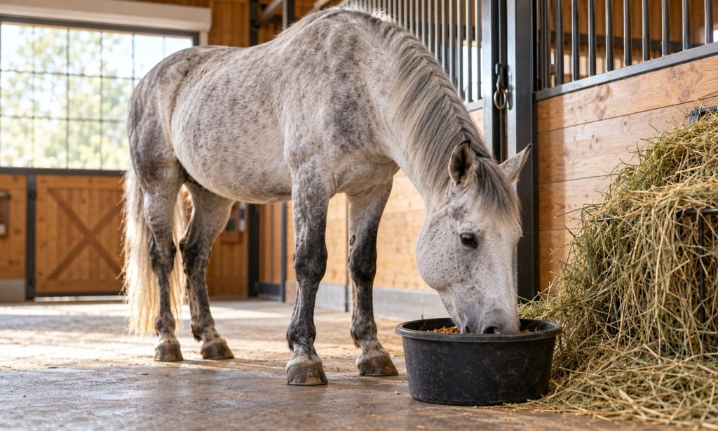 Mature gray horse eating a measured feed portion in a clean stable