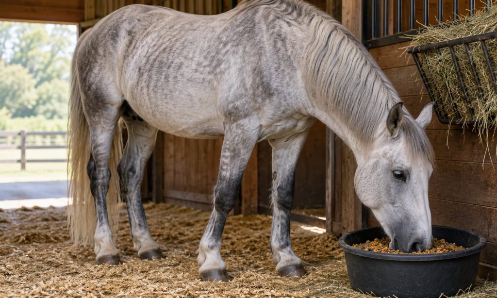 Senior gray horse eating soaked feed from a plain tub in a stable