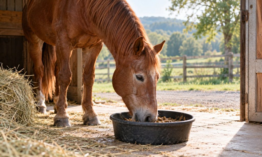 A senior chestnut horse eats soaked feed from a clean tub in a stable doorway.