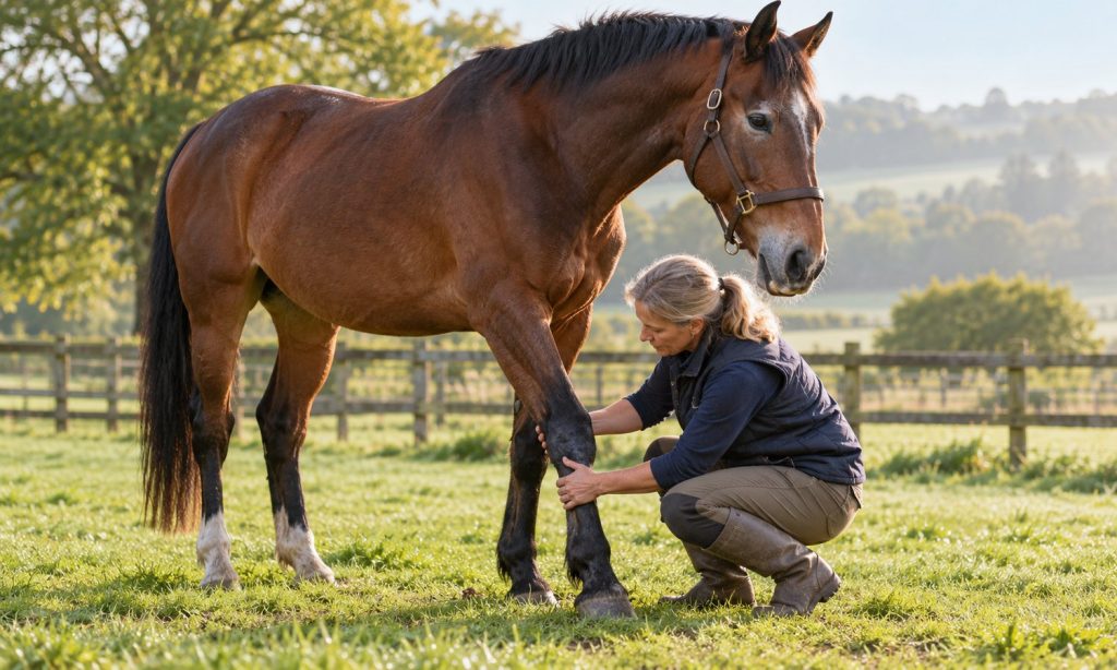 A veterinarian gently examines a senior horse's front leg in a paddock.