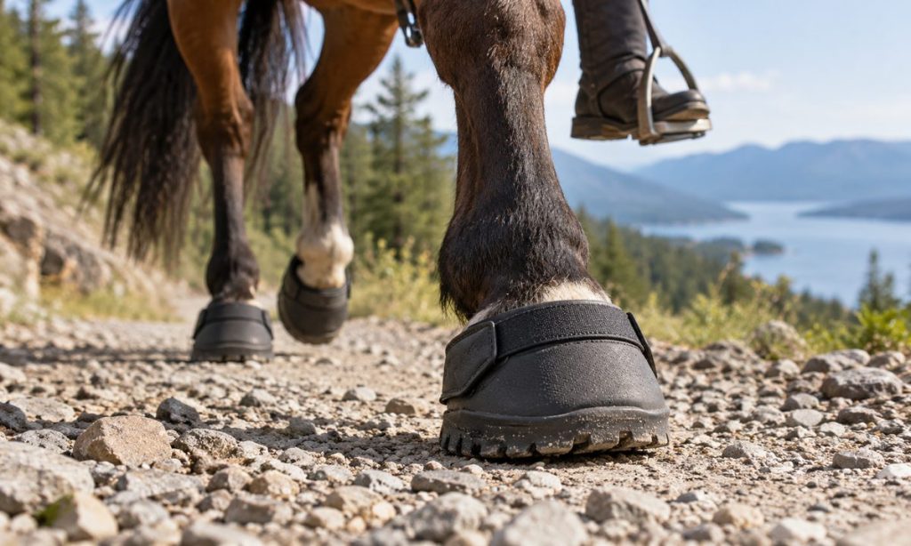 Horse wearing a plain hoof boot on a gravel trail