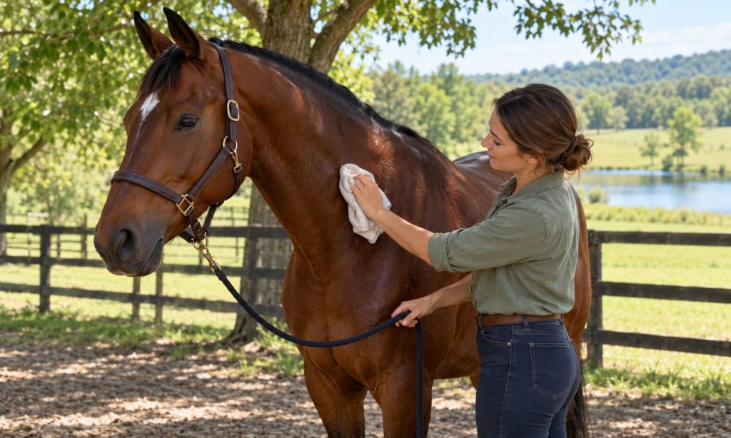 Handler wiping fly repellent onto a horse’s neck