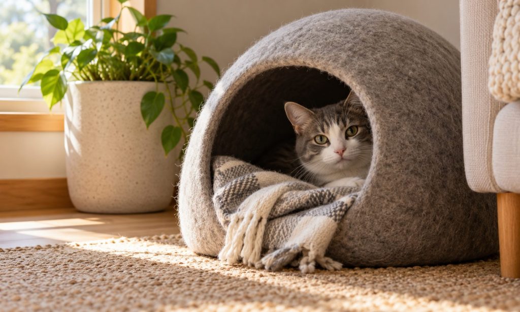 Shy gray and white cat looking out from a soft felt cave bed in a quiet room