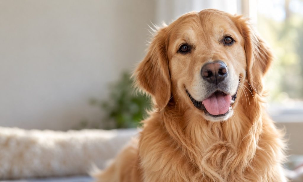 Healthy golden retriever with clear eyes in soft natural light