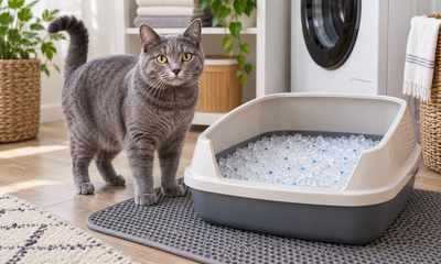 Gray cat beside a clean litter box with silica crystals and a litter mat