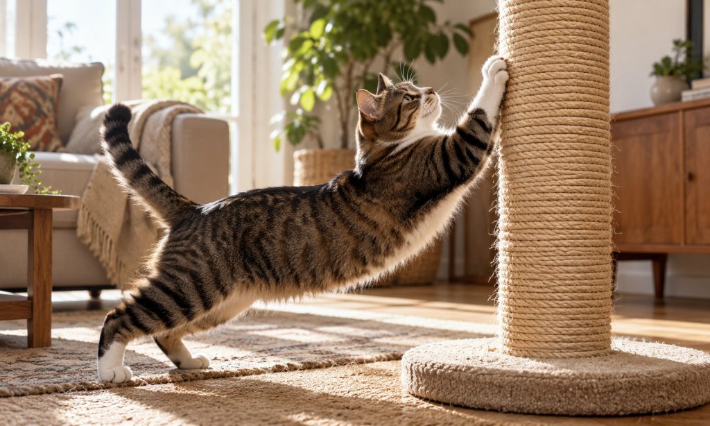 Tabby cat stretching to scratch a sisal rope post with a broad stable base