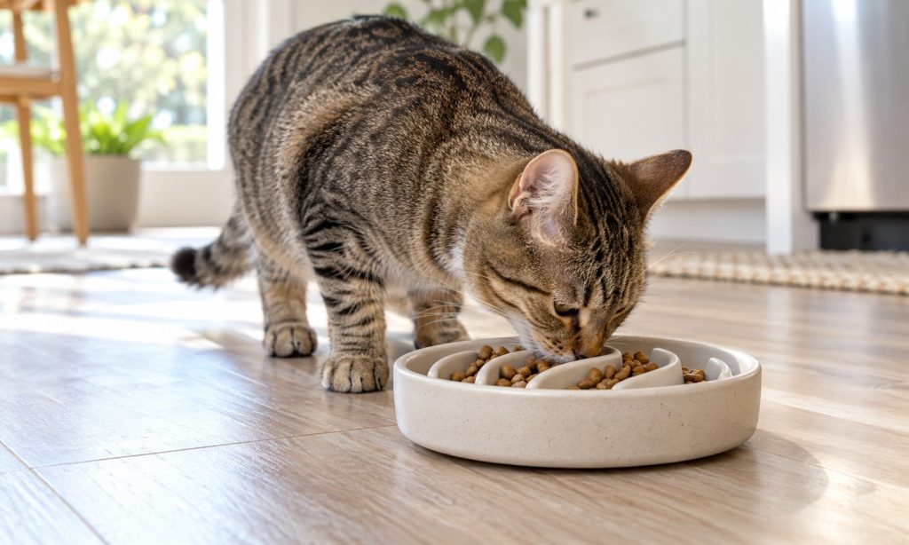 Tabby cat eating from a slow feeder bowl at home