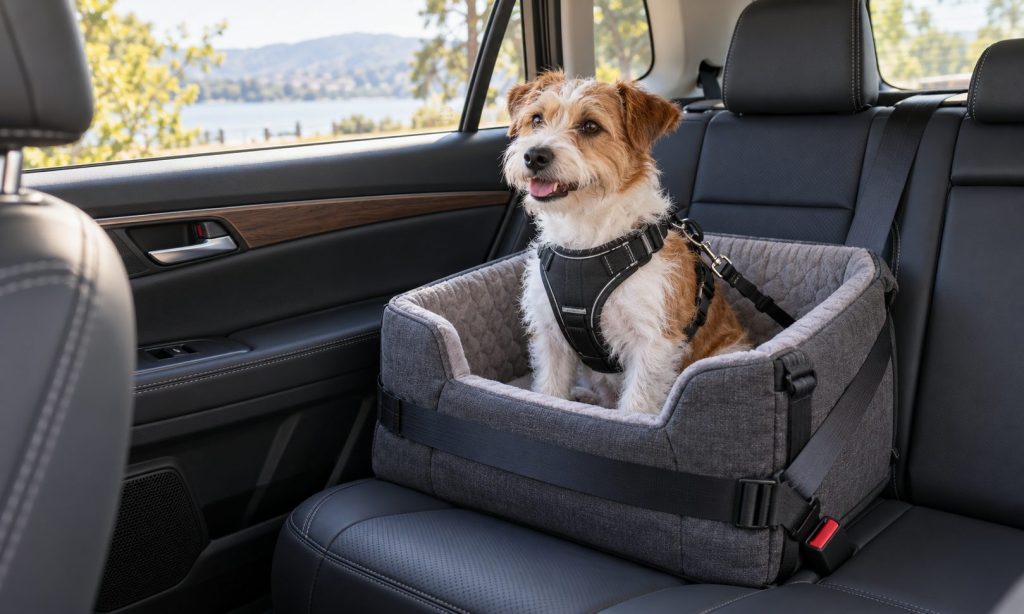 Small terrier wearing a body harness in a booster-style dog car seat secured on the rear seat