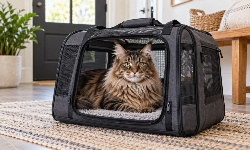 Large fluffy tabby sitting inside a reinforced soft-sided cat carrier