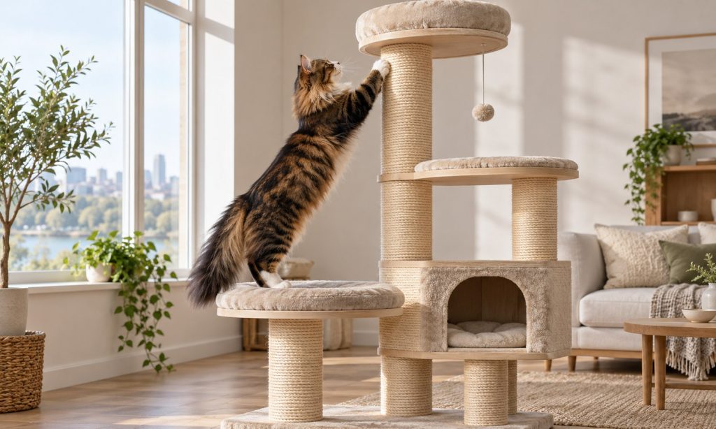 Large cat stretching on a tall, sturdy cat tree in a bright apartment