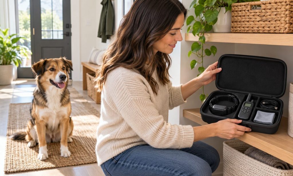 A dog owner places a remote training collar set into a dry storage case.
