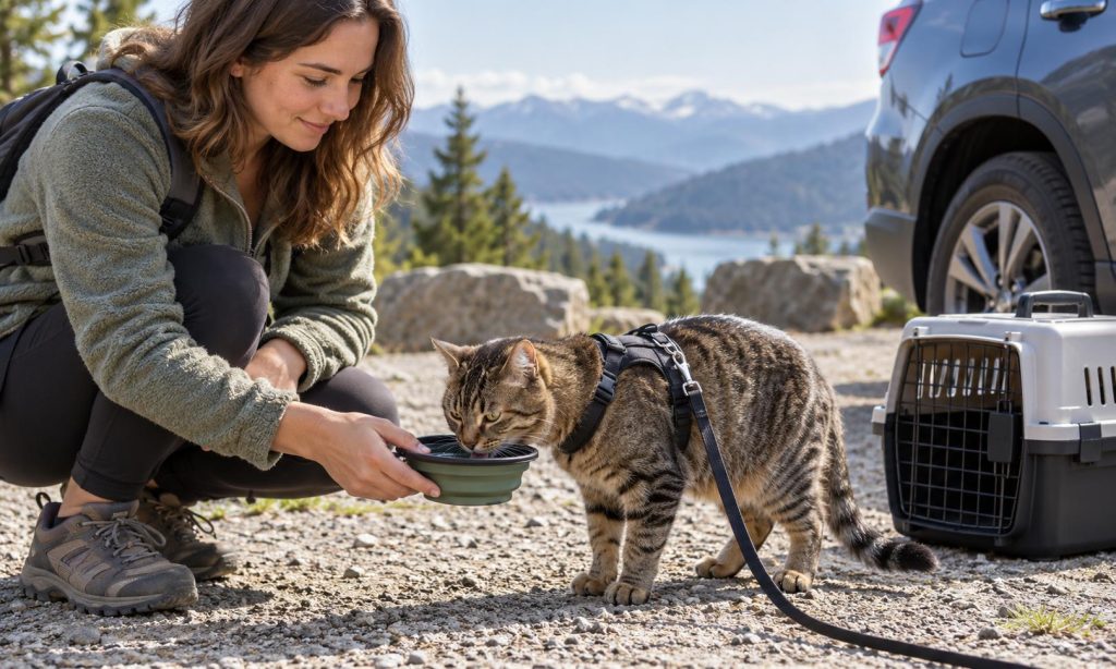 Tabby cat drinking water from a portable bowl at a supervised travel rest stop