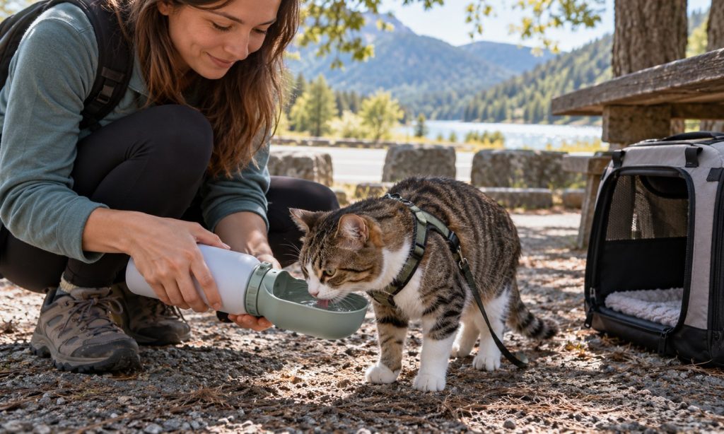 Cat offered water from a portable drinking cup during travel