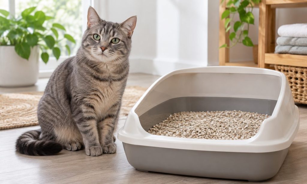 Gray tabby cat beside a clean open litter tray in a bright room