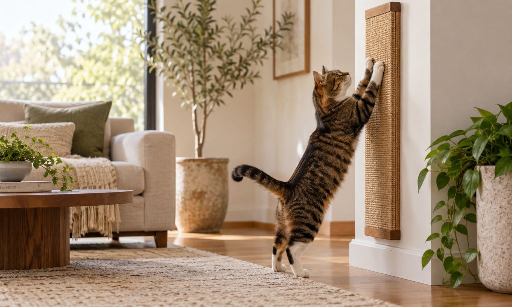 Tabby cat stretching upright to scratch a tall wall-mounted vertical scratcher in a bright home