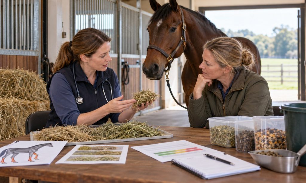 Veterinarian and owner review hay and feed labels beside a horse