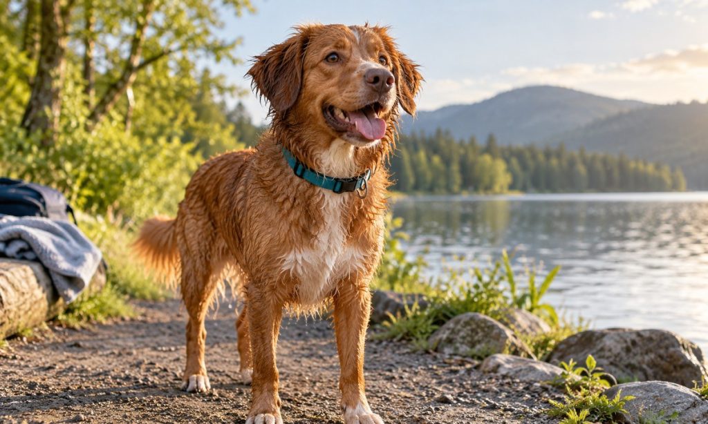 Wet dog wearing a simple waterproof collar by a lake