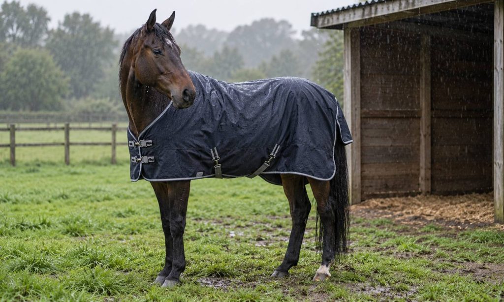 Dark bay horse wearing a waterproof turnout blanket in light rain
