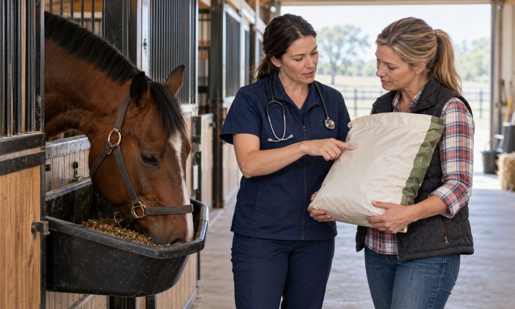 Veterinarian and horse owner reviewing feed instructions beside a horse