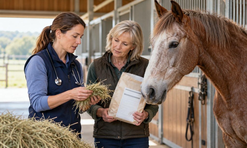 Veterinarian and horse owner reviewing hay and a feed label with a senior horse