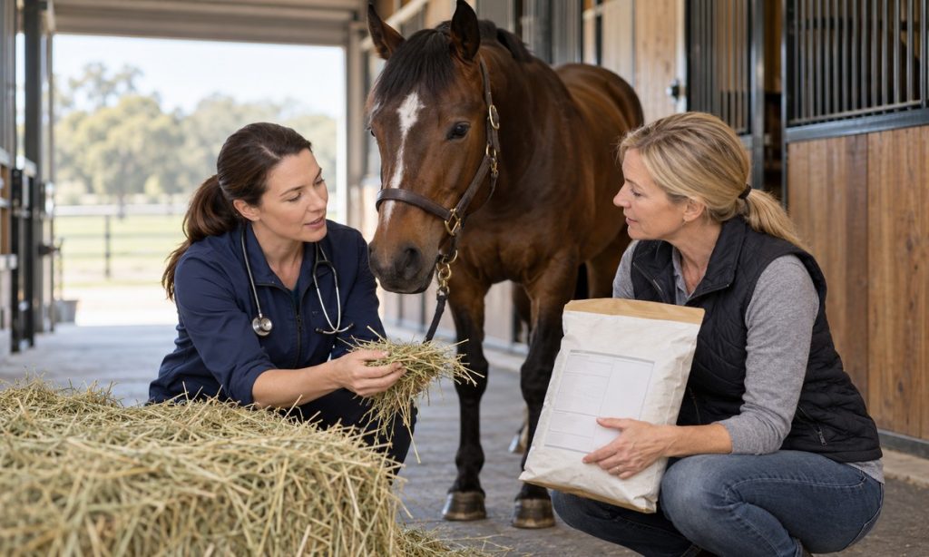 Veterinarian and horse owner discussing hay and feed beside a horse