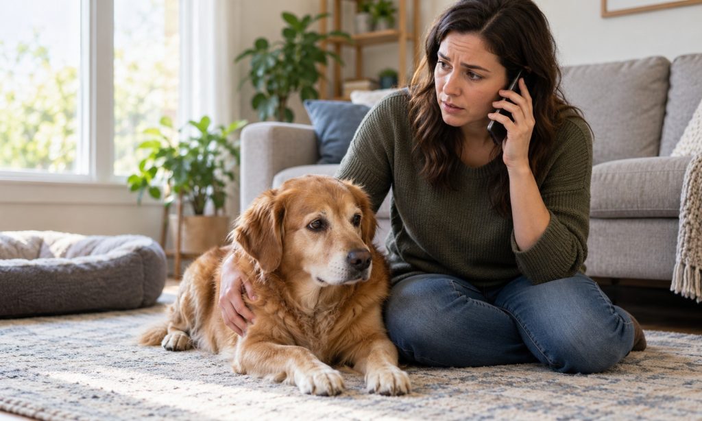 Concerned owner calling a veterinarian while sitting with a dog