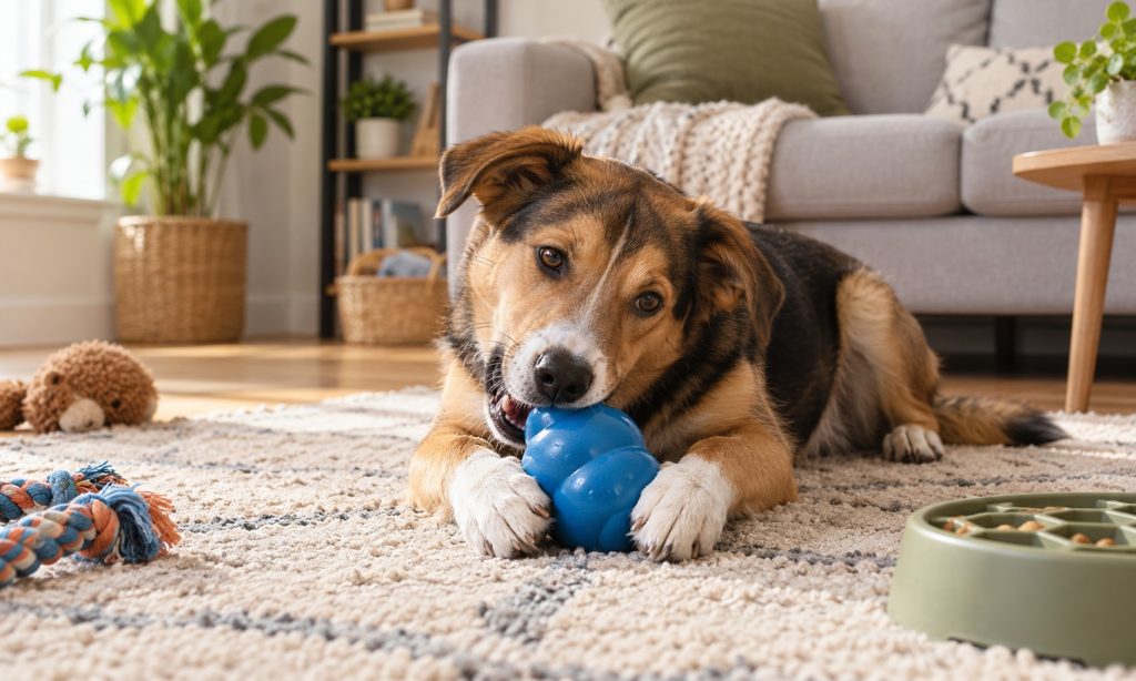 Young dog calmly chewing a rubber toy in a living room