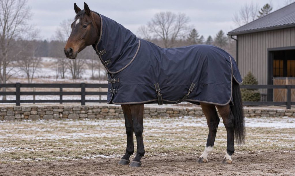 Clipped bay horse wearing a fitted winter turnout blanket in a sheltered paddock