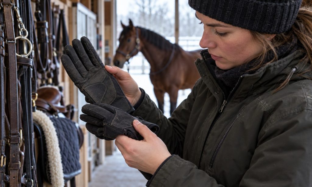 An equestrian checks the palm and seams of winter riding gloves in a barn